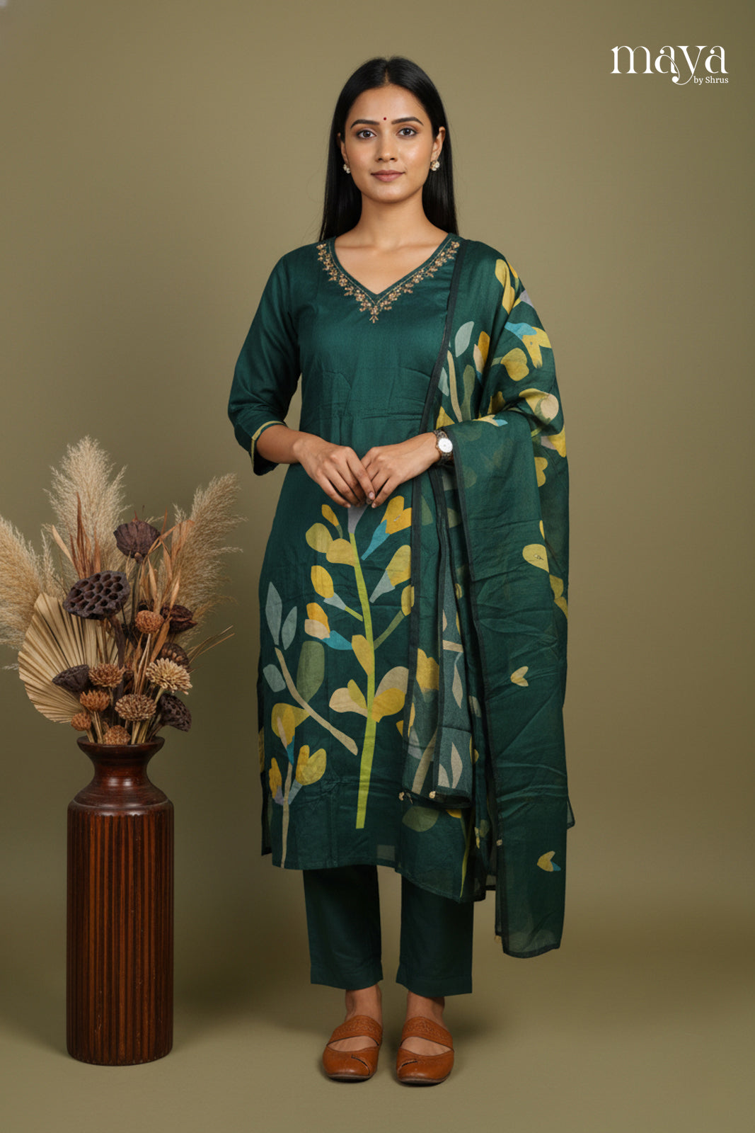 Green - Floral printed Readymade 3 Piece Salwar Suit
