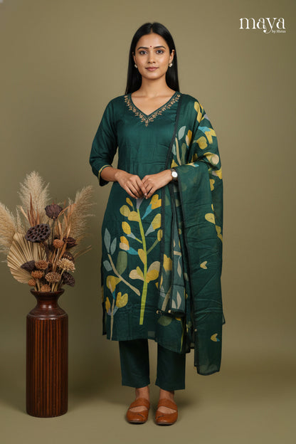 Green - Floral printed Readymade 3 Piece Salwar Suit