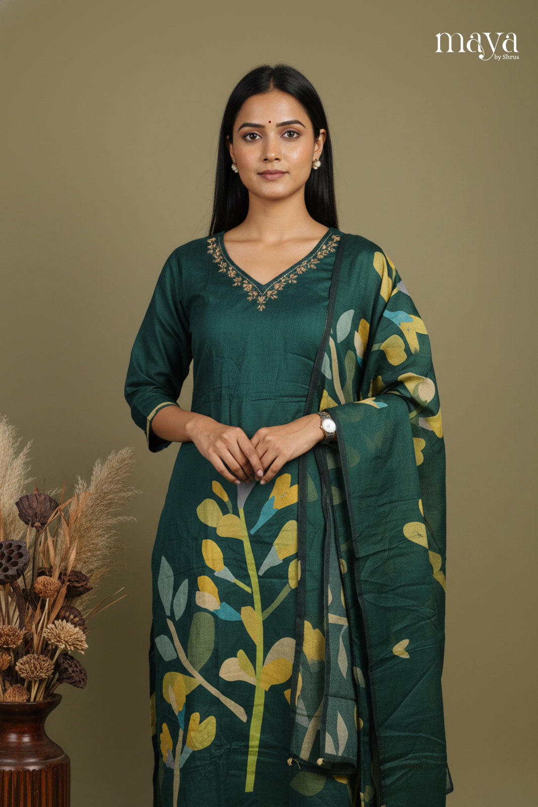 Green - Floral printed Readymade 3 Piece Salwar Suit
