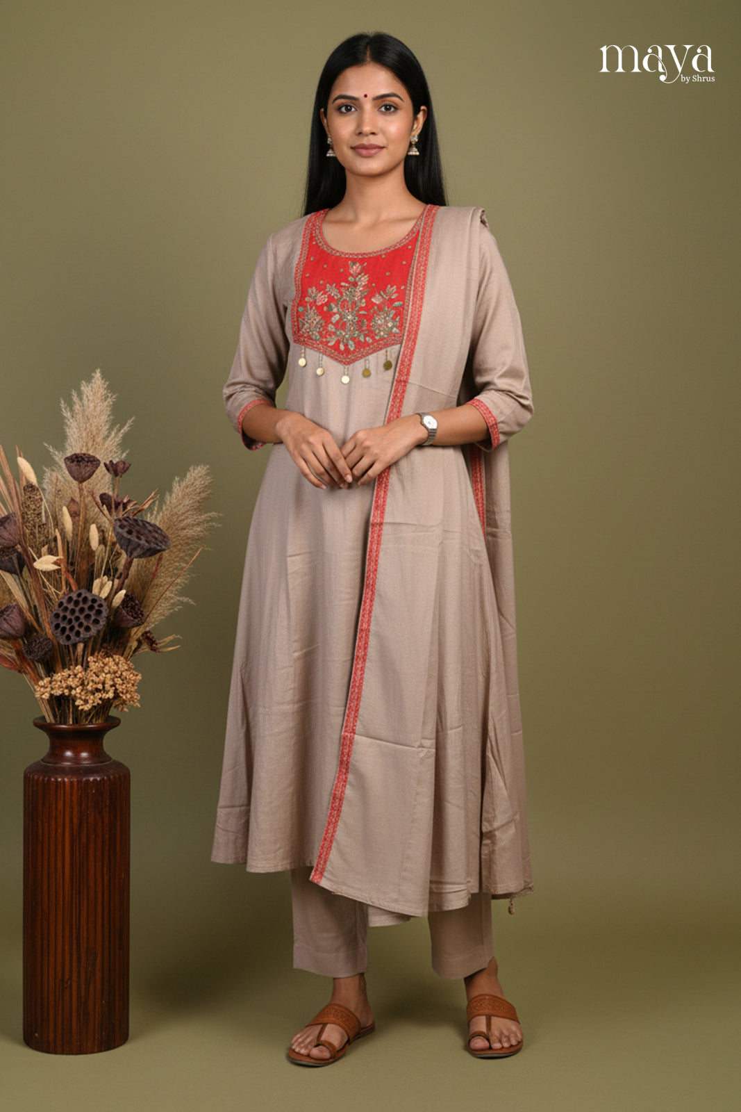 Grey & Red - Party wear Readymade 3 Piece Salwar