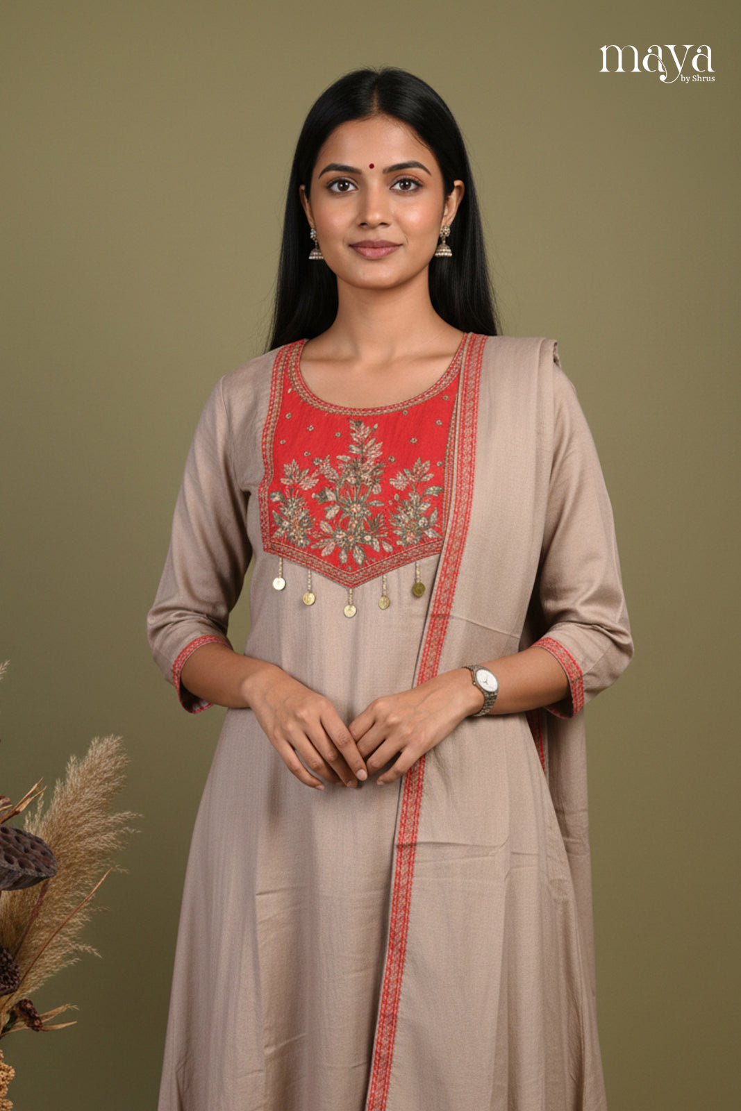 Grey & Red - Party wear Readymade 3 Piece Salwar
