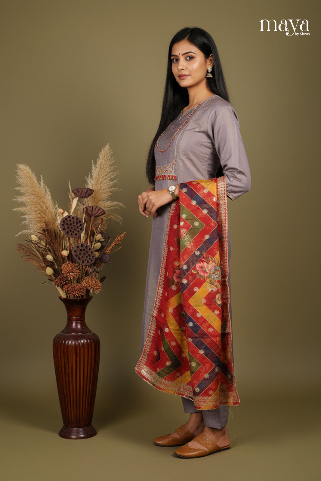 Grey & Red - Party Wear Readymade 3 Piece Salwar Suit