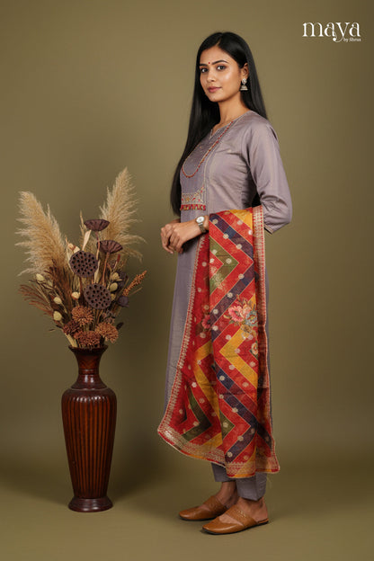 Grey & Red - Party Wear Readymade 3 Piece Salwar Suit