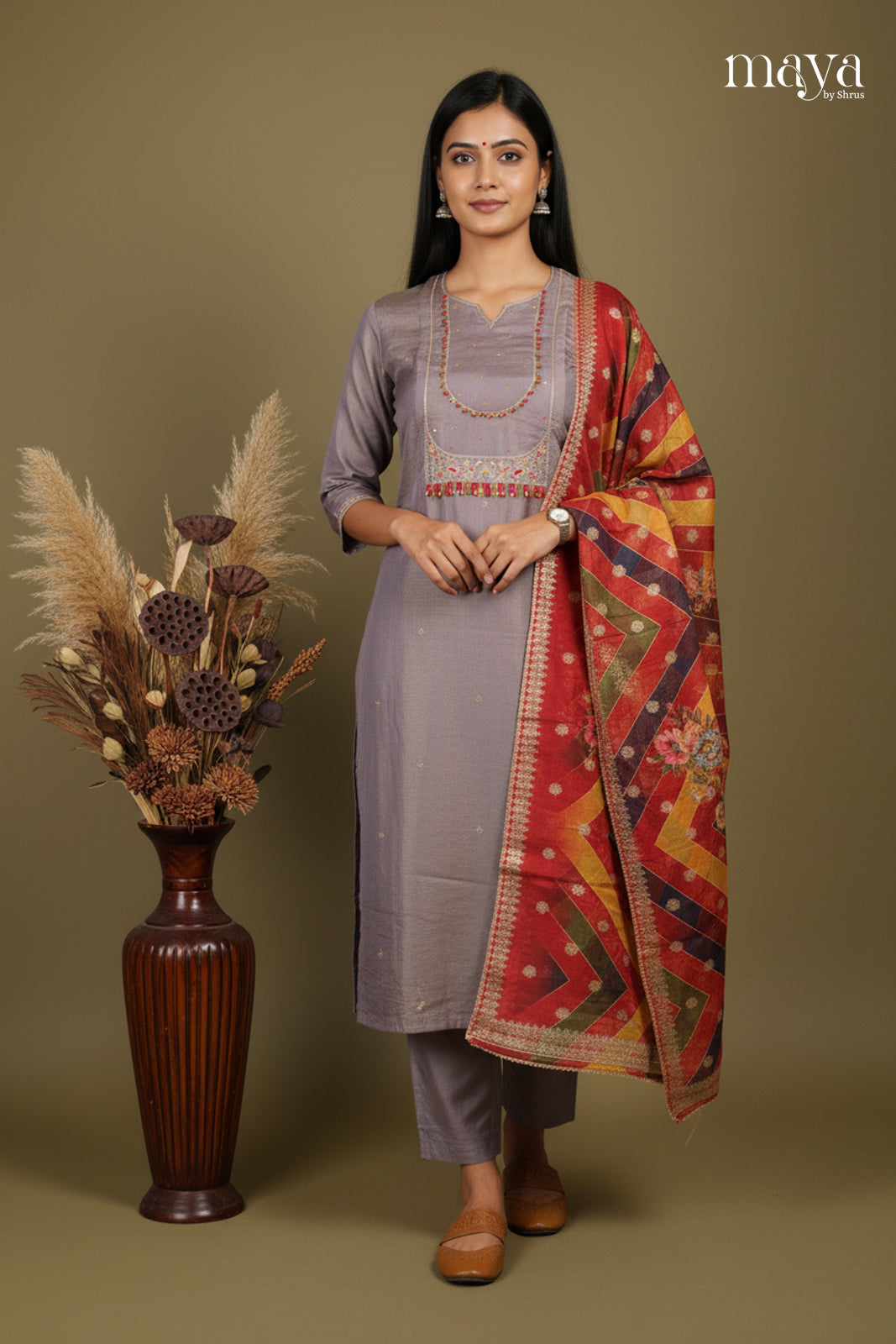 Grey & Red - Party Wear Readymade 3 Piece Salwar Suit