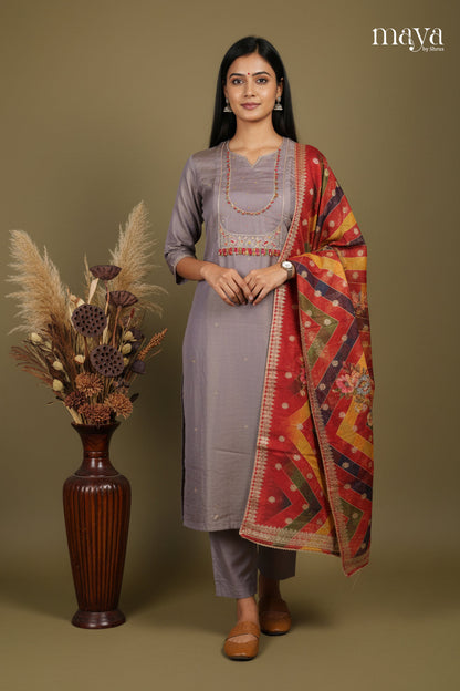 Grey & Red - Party Wear Readymade 3 Piece Salwar Suit