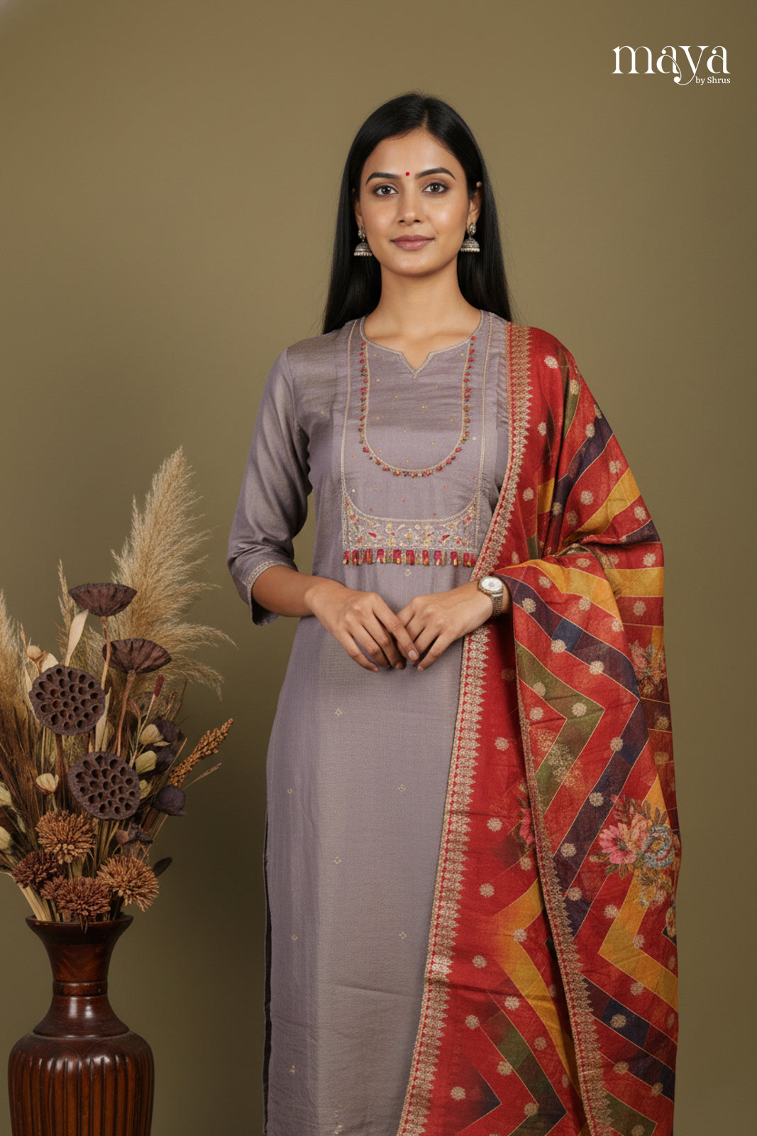 Grey & Red - Party Wear Readymade 3 Piece Salwar Suit