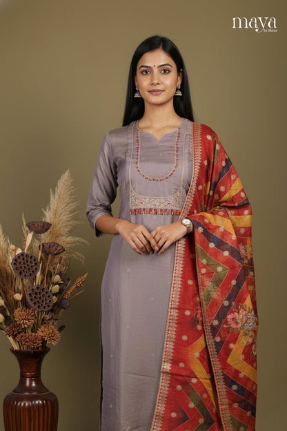 Grey & Red - Party Wear Readymade 3 Piece Salwar Suit