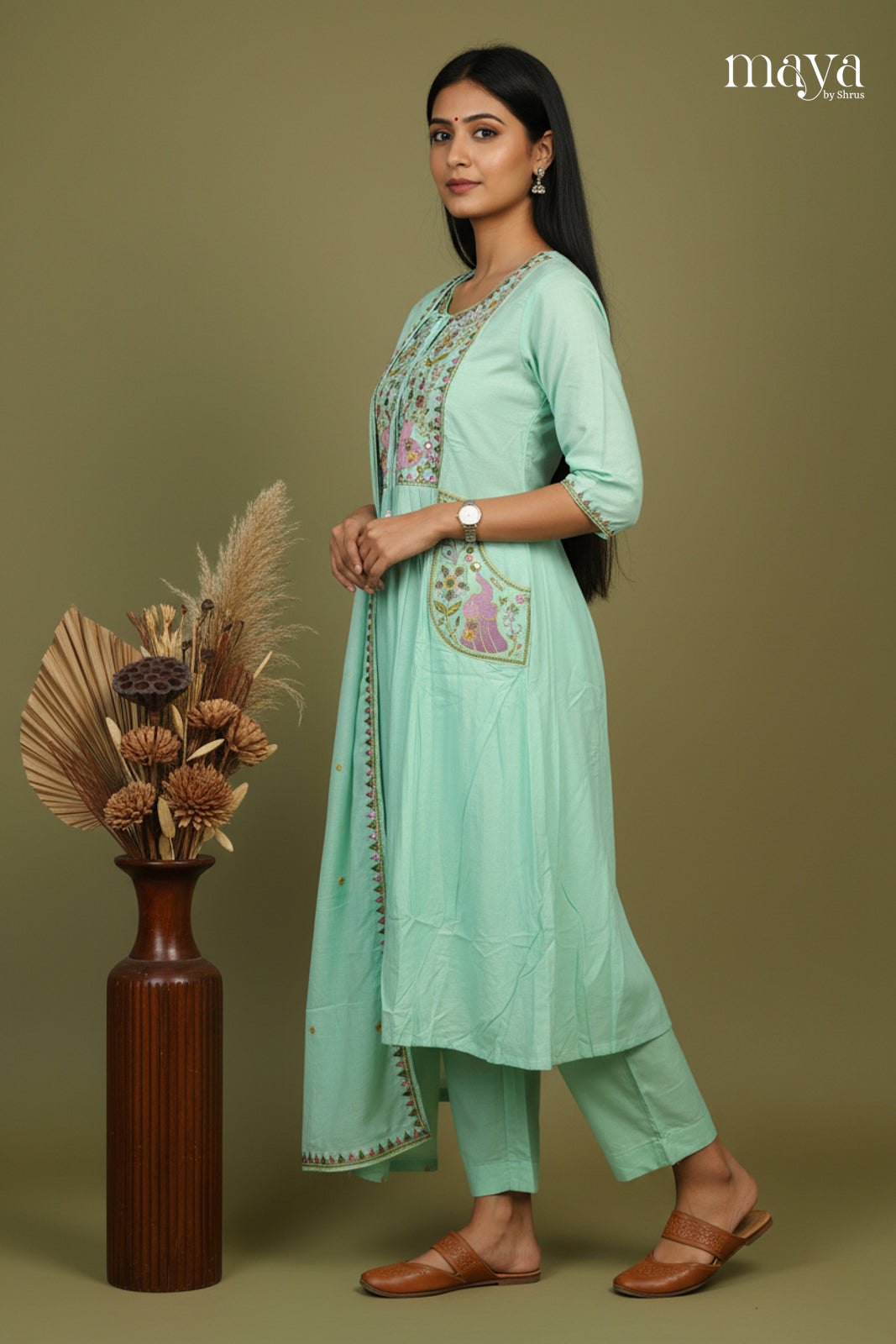 Teal Green - floral embroidered Readymade 3 Piece Salwar Suit