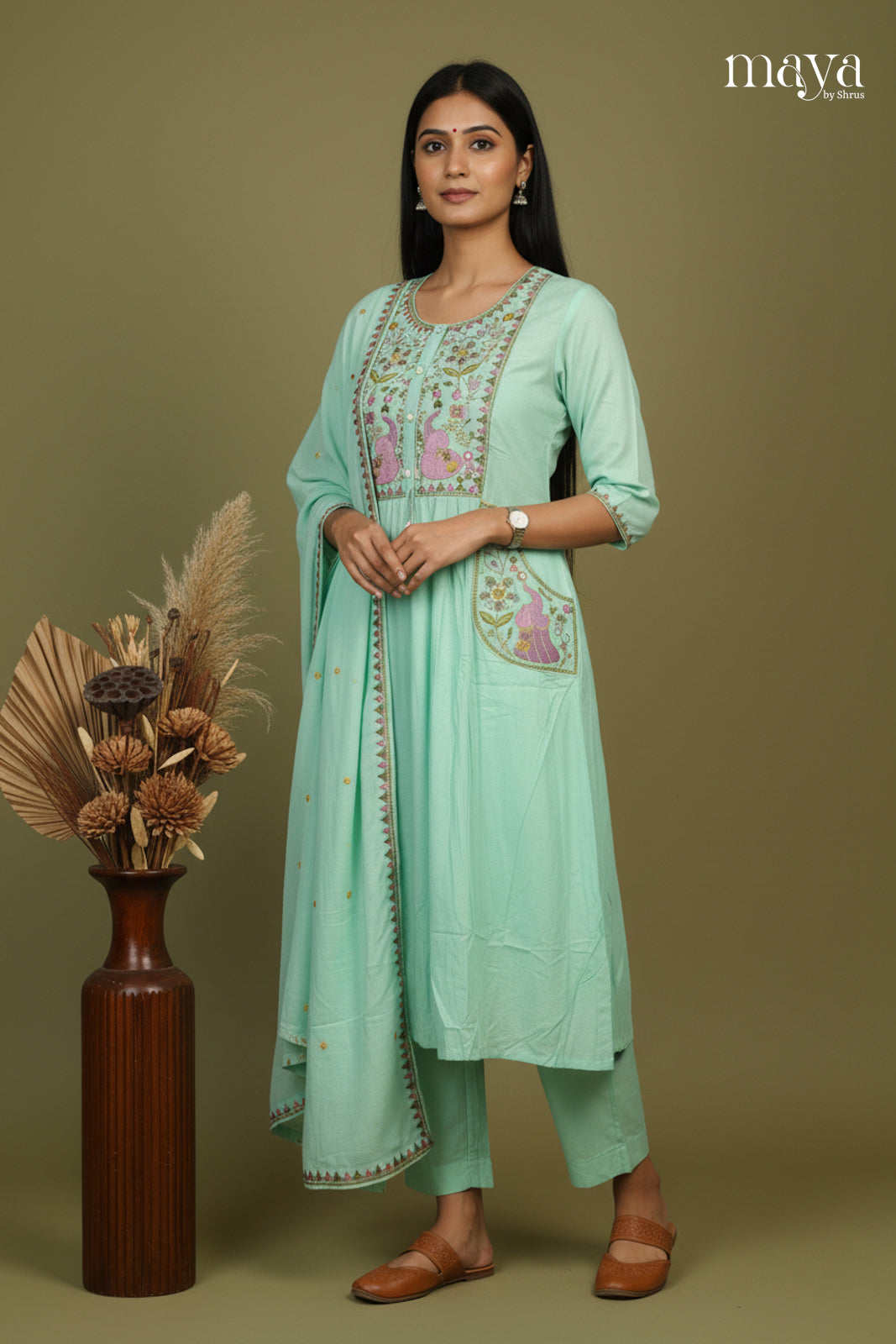 Teal Green - floral embroidered Readymade 3 Piece Salwar Suit