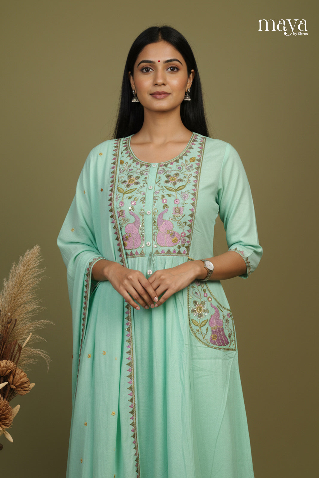 Teal Green - floral embroidered Readymade 3 Piece Salwar Suit
