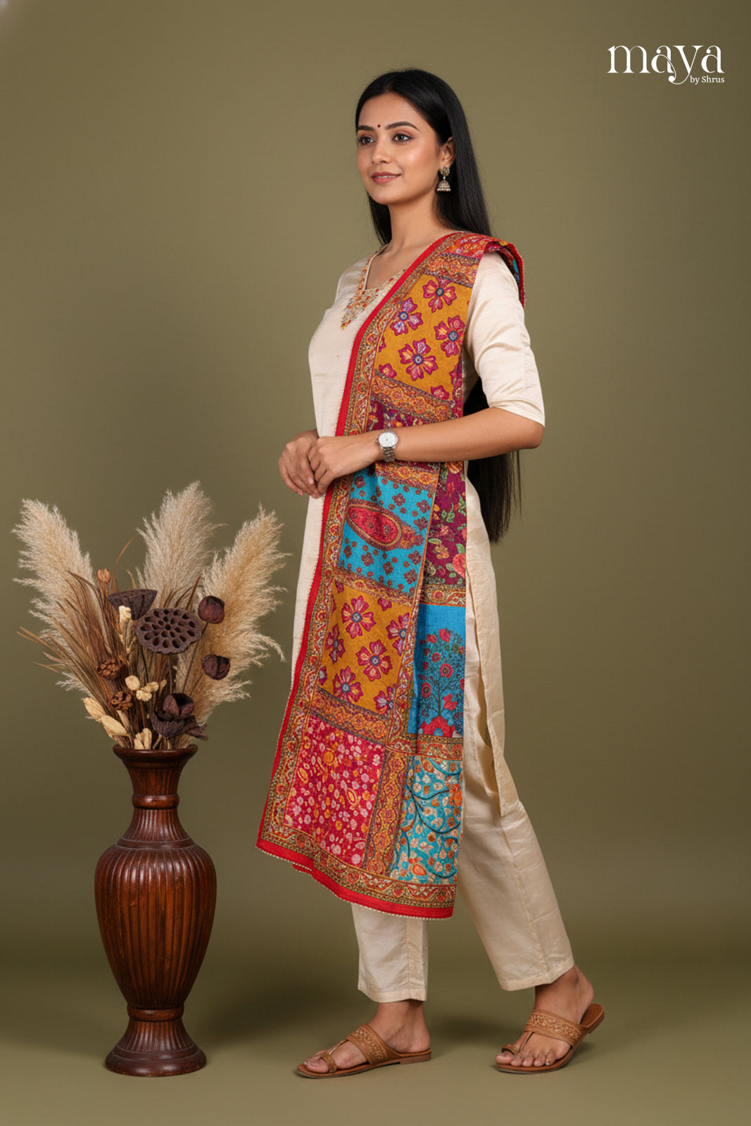 Cream & Red-Party Wear Readymade 3 Piece Salwar Suit