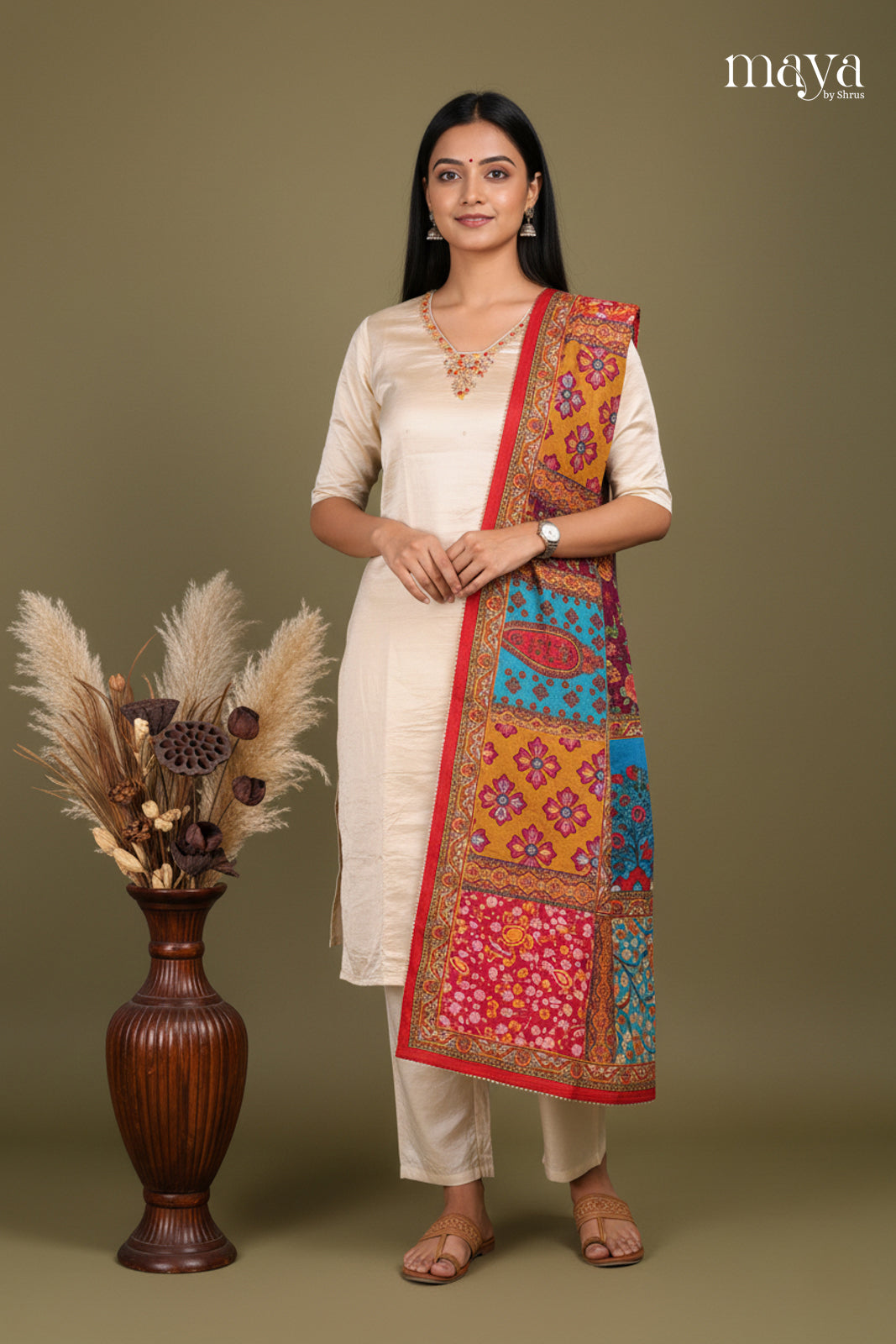Cream & Red-Party Wear Readymade 3 Piece Salwar Suit