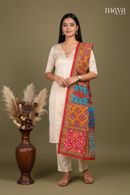 Cream & Red-Party Wear Readymade 3 Piece Salwar Suit