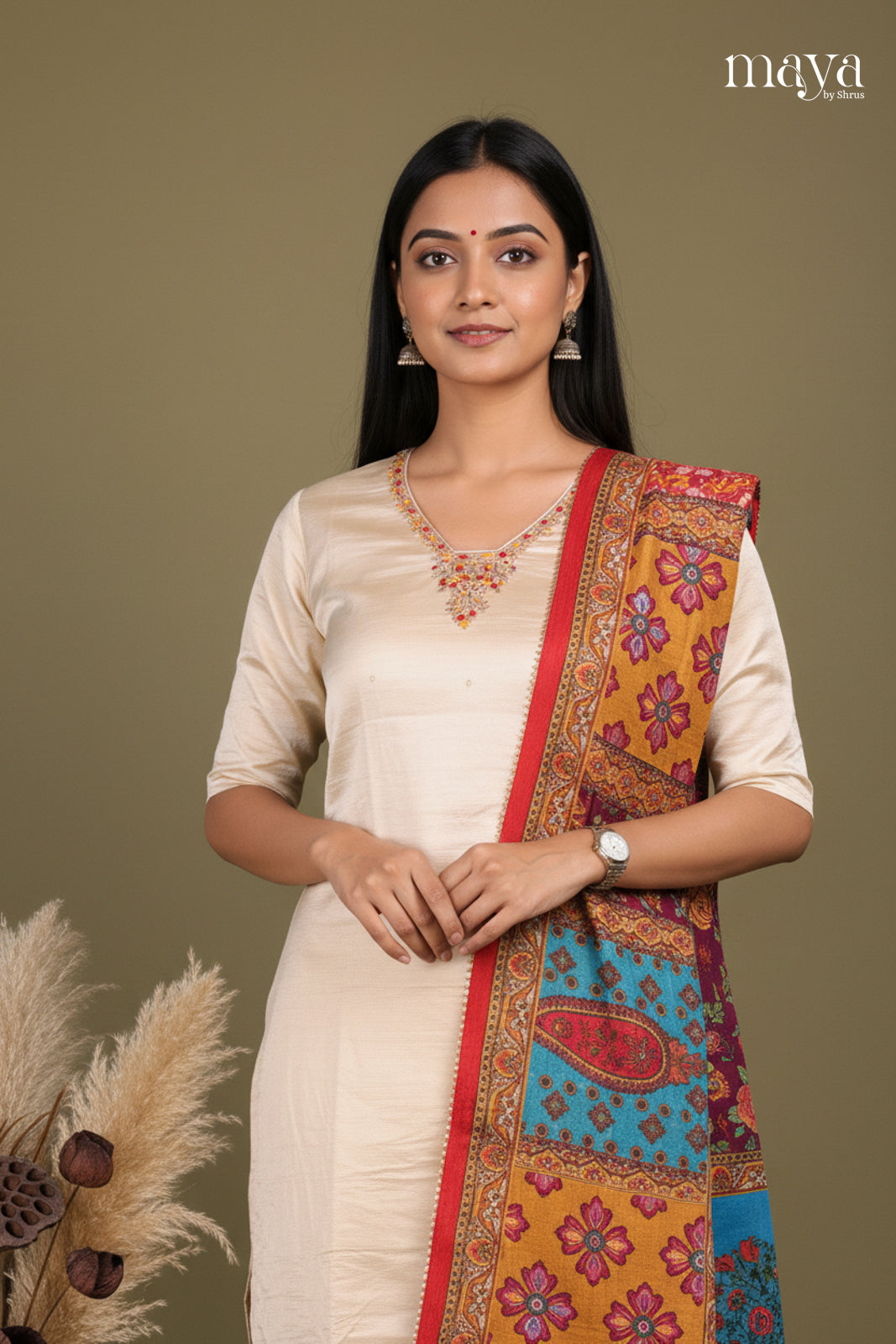 Cream & Red-Party Wear Readymade 3 Piece Salwar Suit