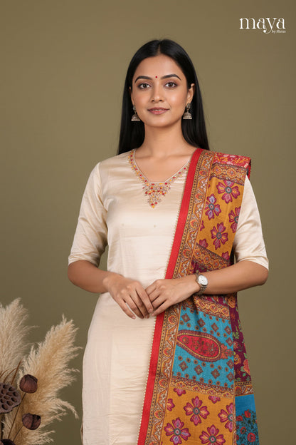 Cream & Red-Party Wear Readymade 3 Piece Salwar Suit
