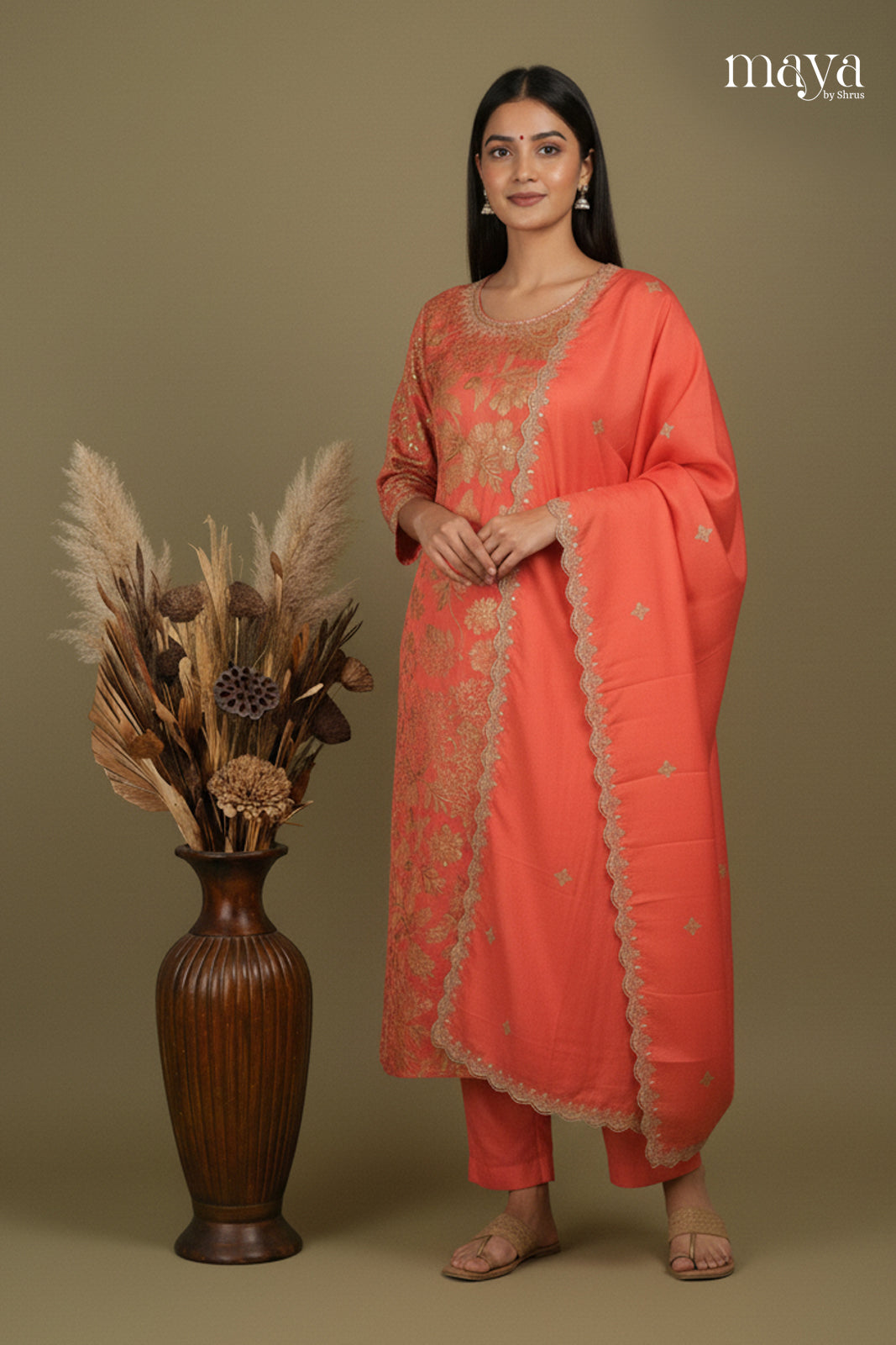 Orange - Party Wear Readymade 3 Piece Salwar Suit