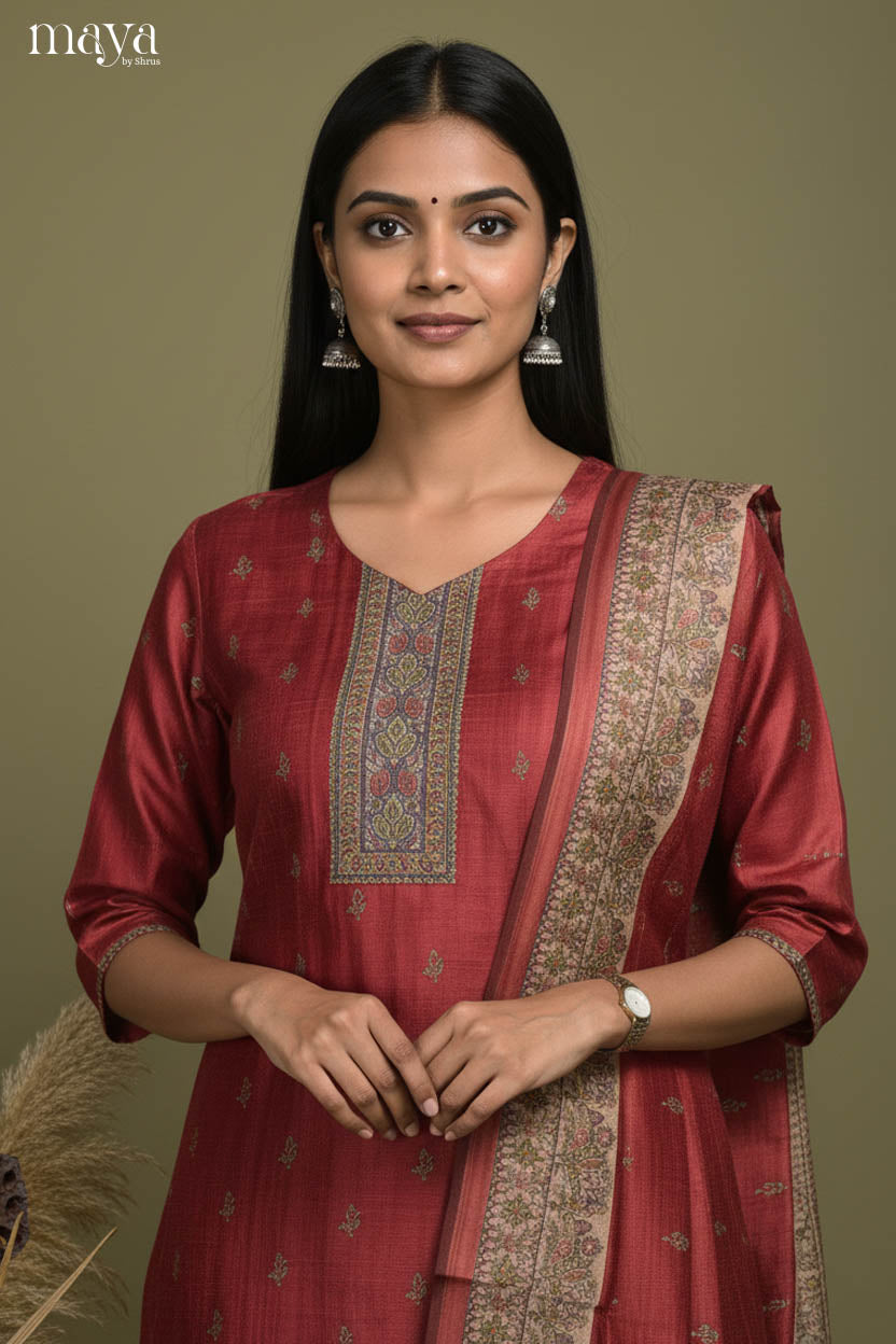 Stylish Maroon Readymade Salwar Set with Printed Design