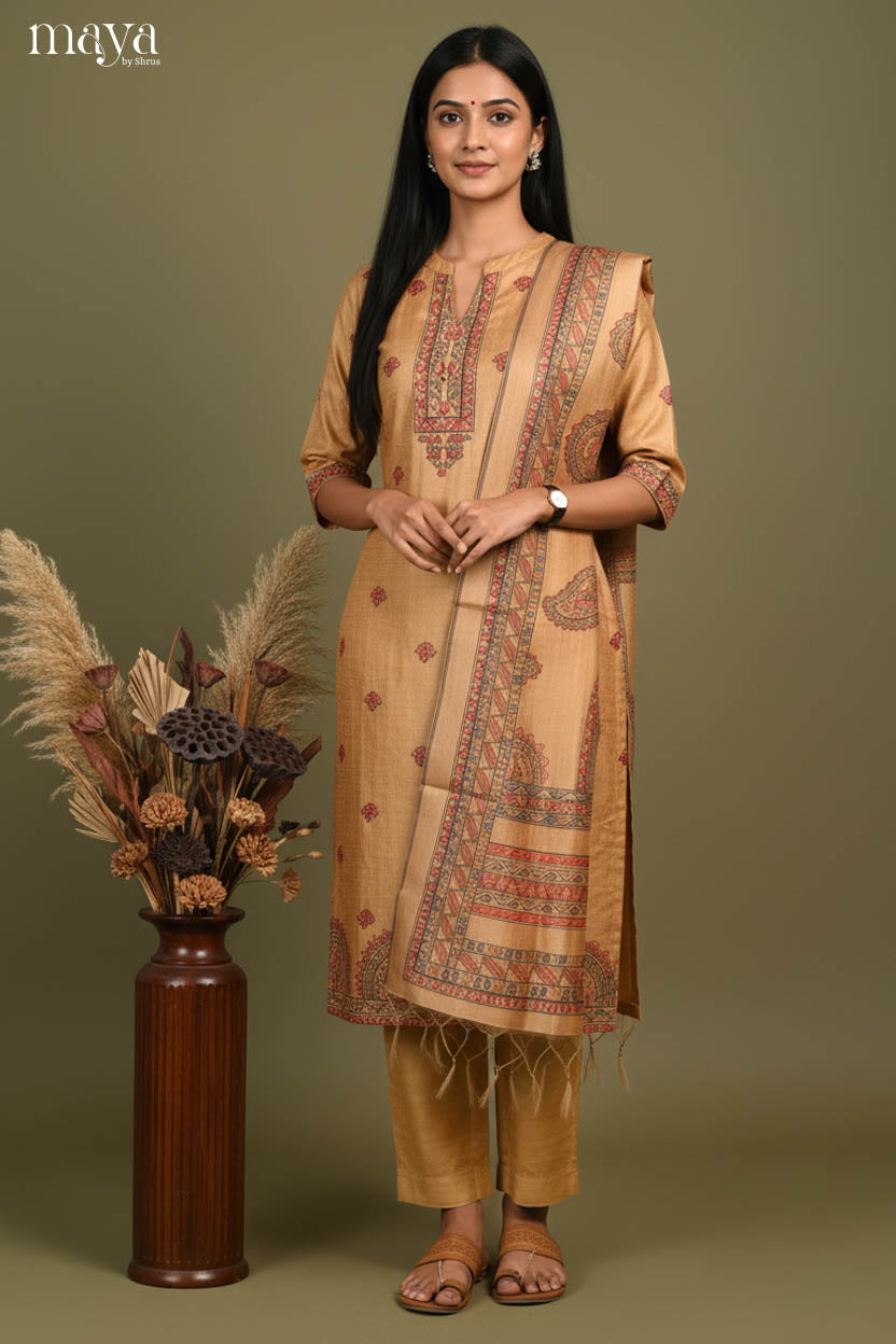 Beige-Madhubani Printed Readymade 3 Piece Salwar