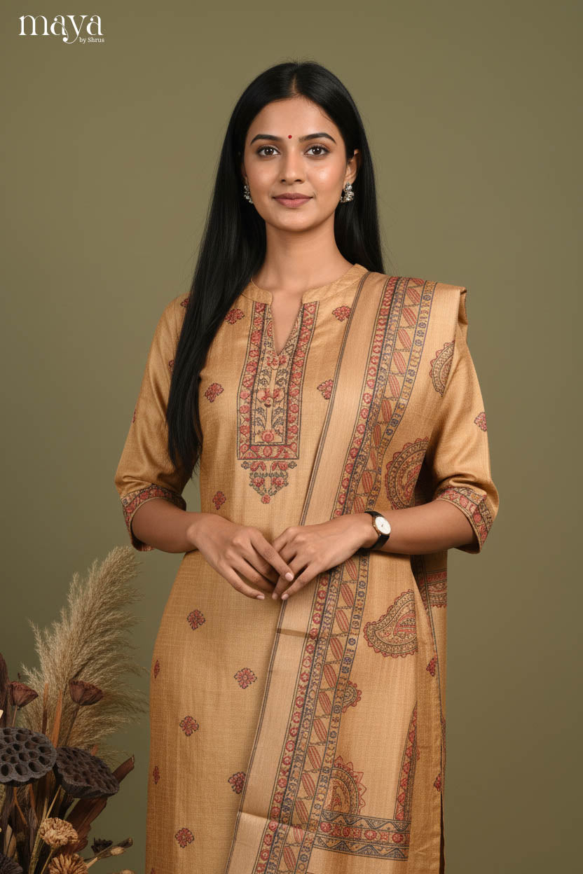 Beige-Madhubani Printed Readymade 3 Piece Salwar