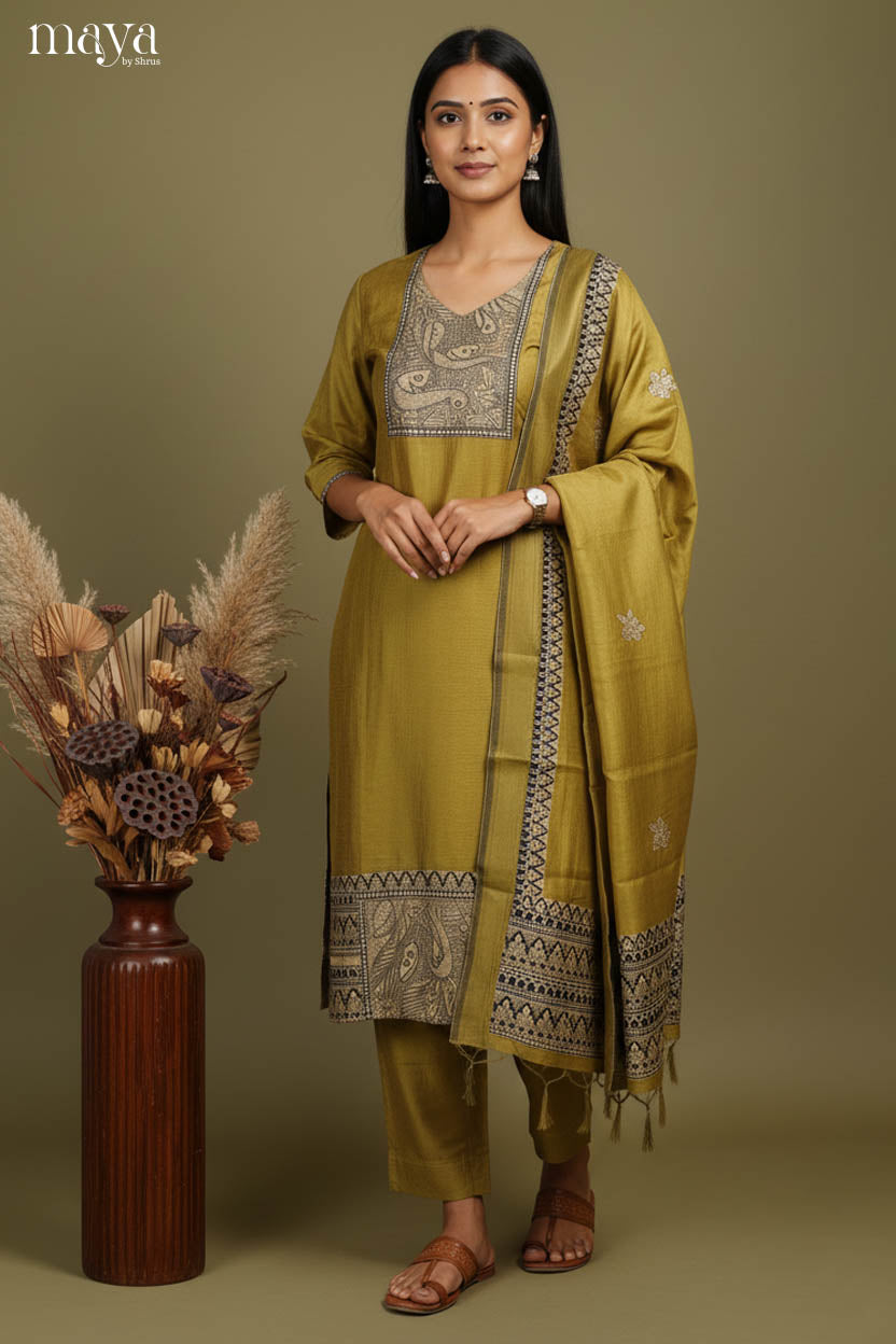 Green -Madhubani Printed Readymade 3 Piece Salwar