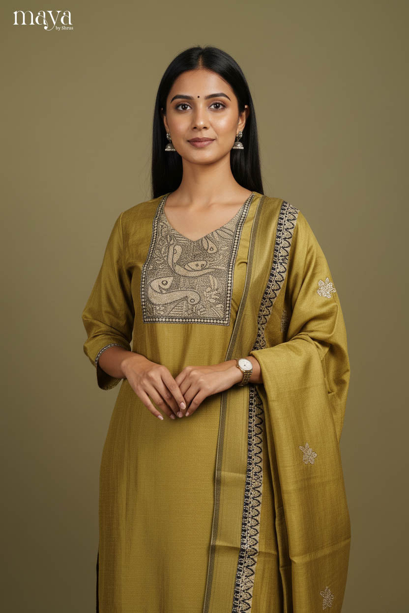 Green -Madhubani Printed Readymade 3 Piece Salwar