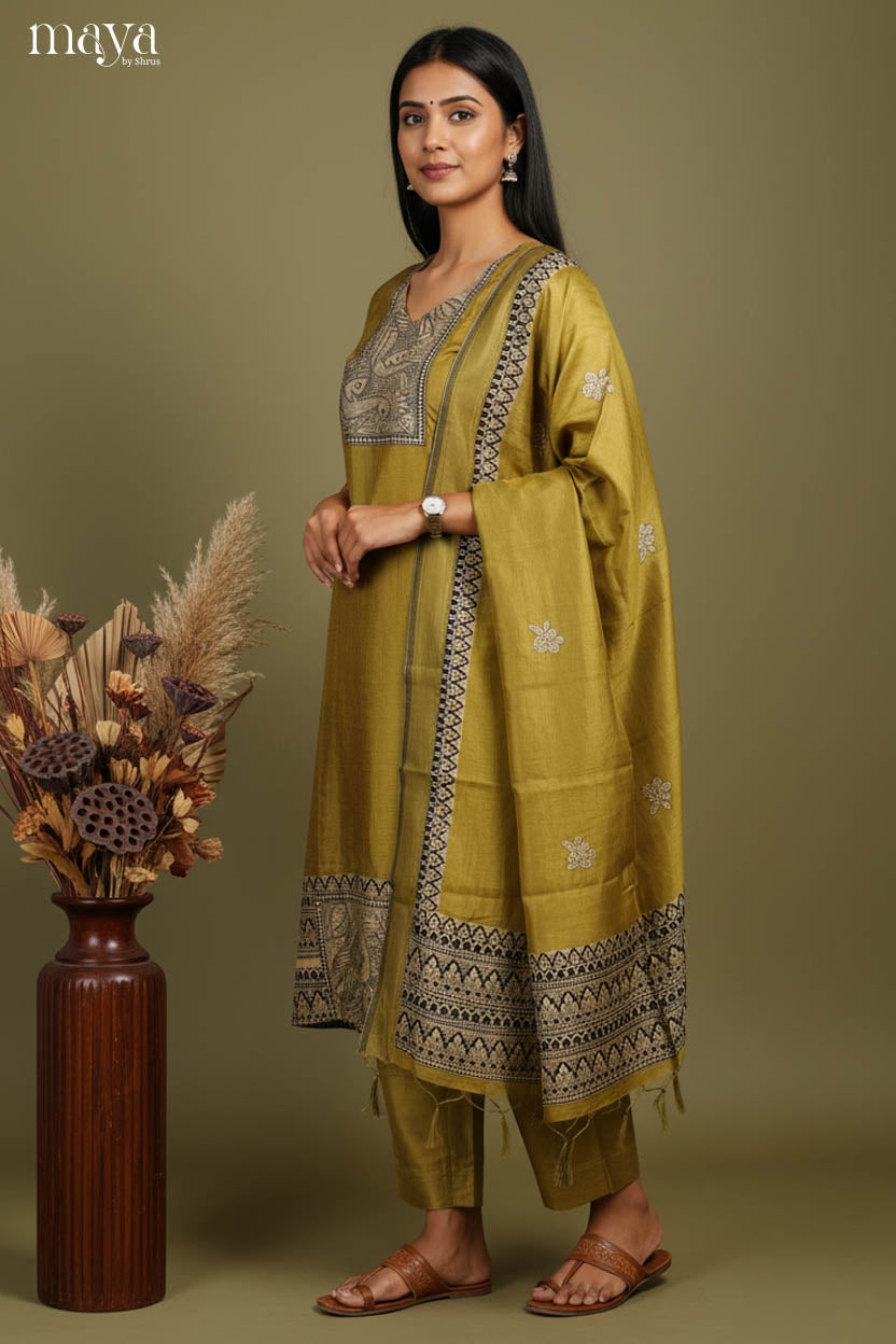 Green -Madhubani Printed Readymade 3 Piece Salwar