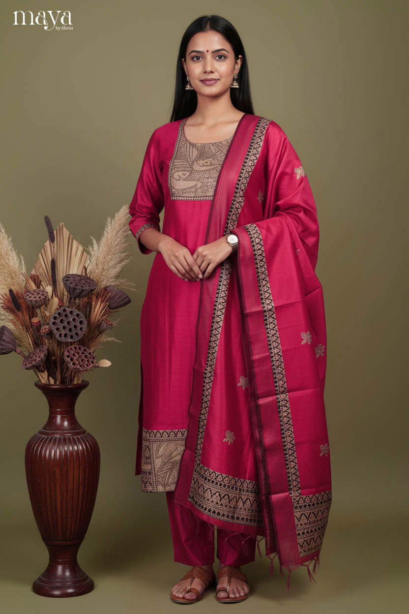 Bright Rani pink Readymade Salwar Sey with Yoke Neck & Printed Dupatta