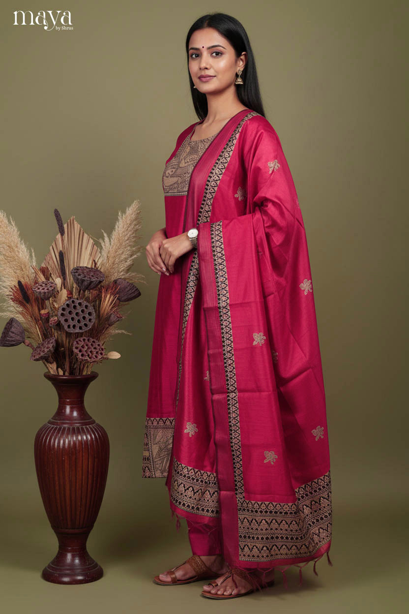 Bright Rani pink Readymade Salwar Sey with Yoke Neck & Printed Dupatta