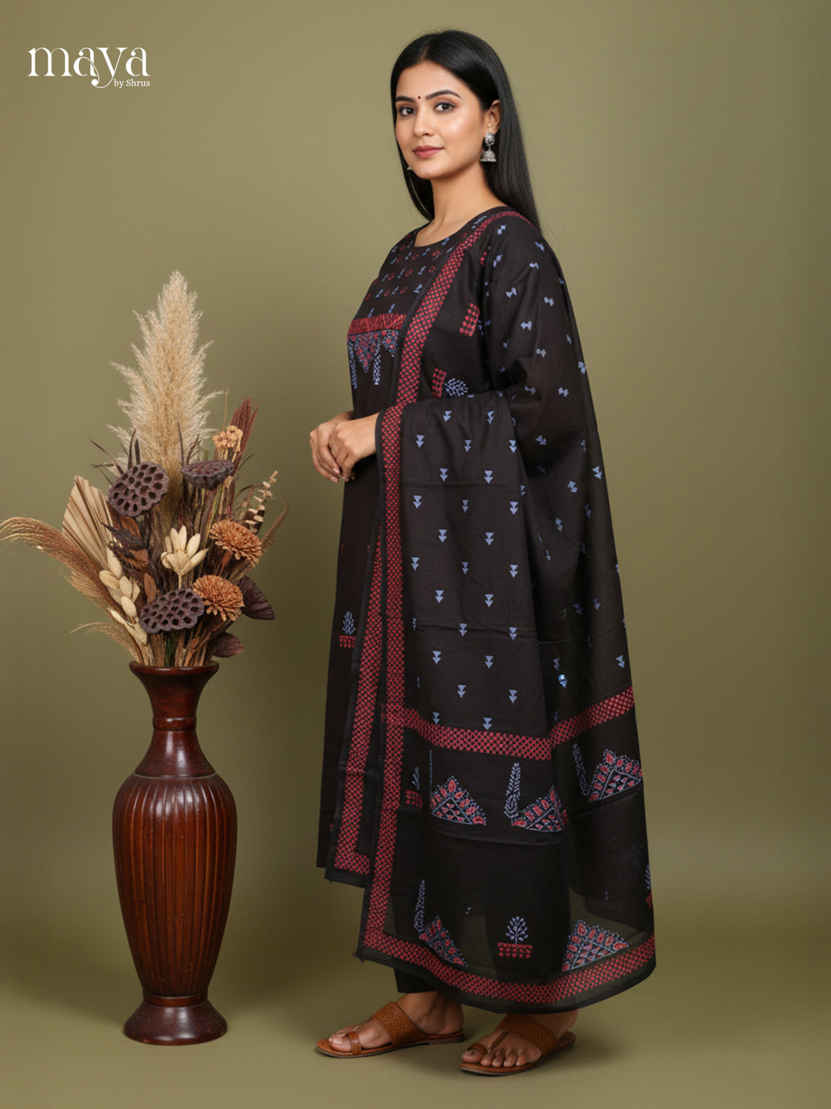 Black - Cotton printed Readymade 3 Piece Salwar