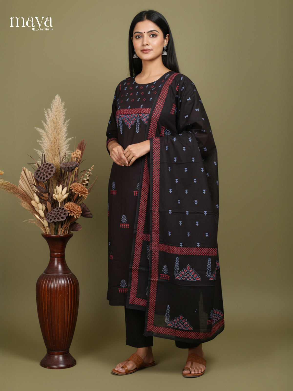 Black - Cotton printed Readymade 3 Piece Salwar