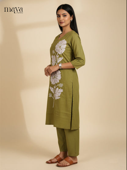 Olive Straight Co-ord Set with Embroidered Design-mdj21015