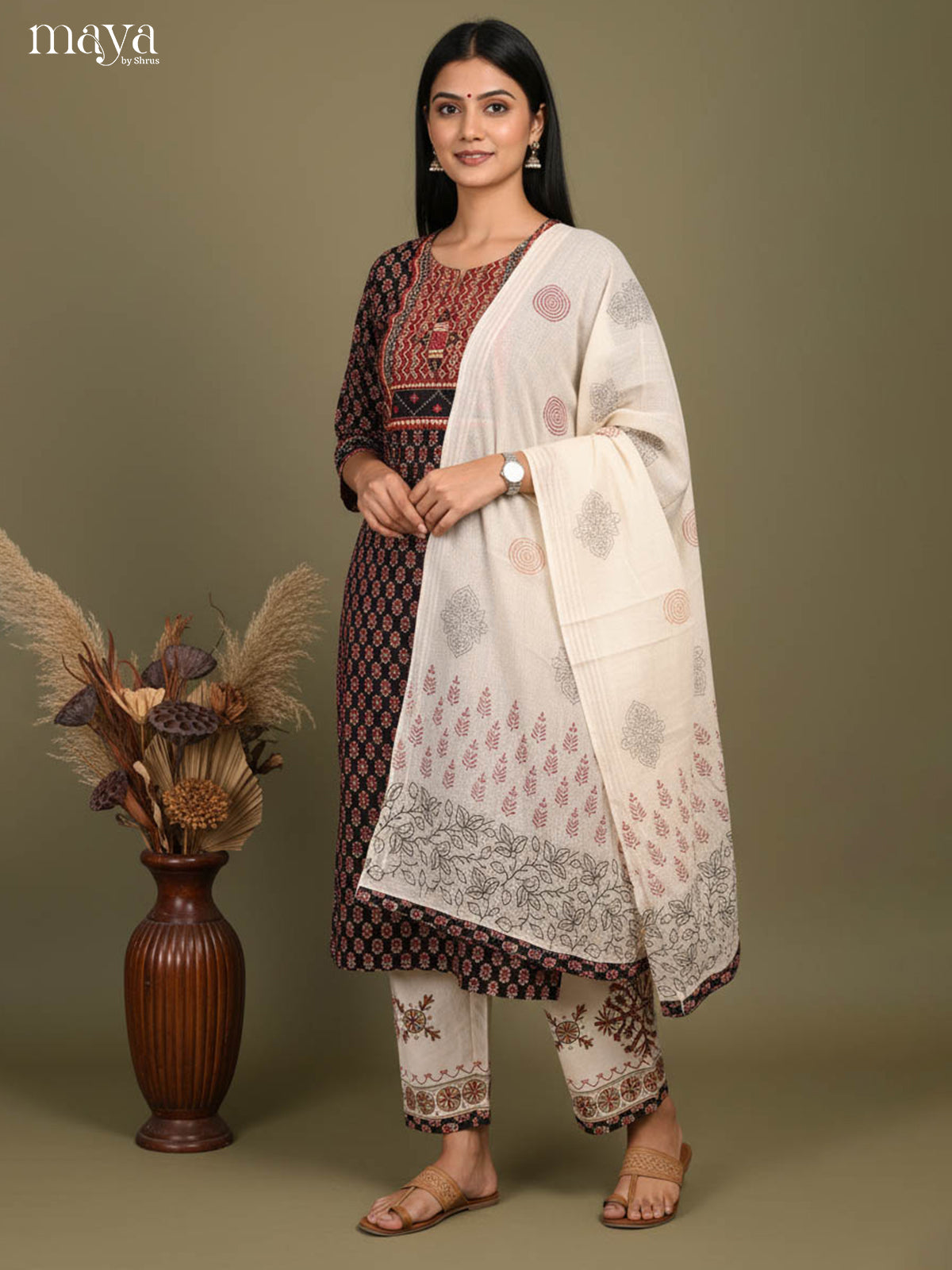 Black Readymade Ajrakh Salwar with Printed Design-mdj21019