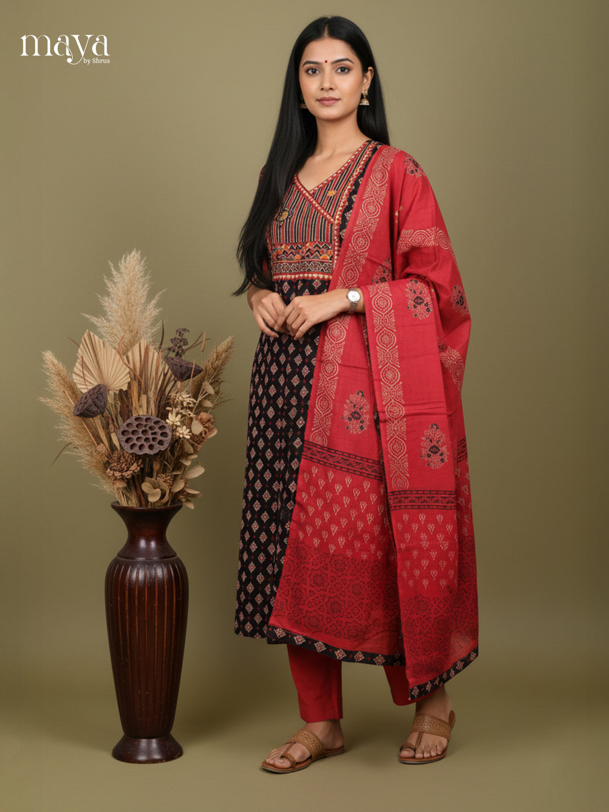Black & Red- Floral printed Readymade 3 Piece Salwar