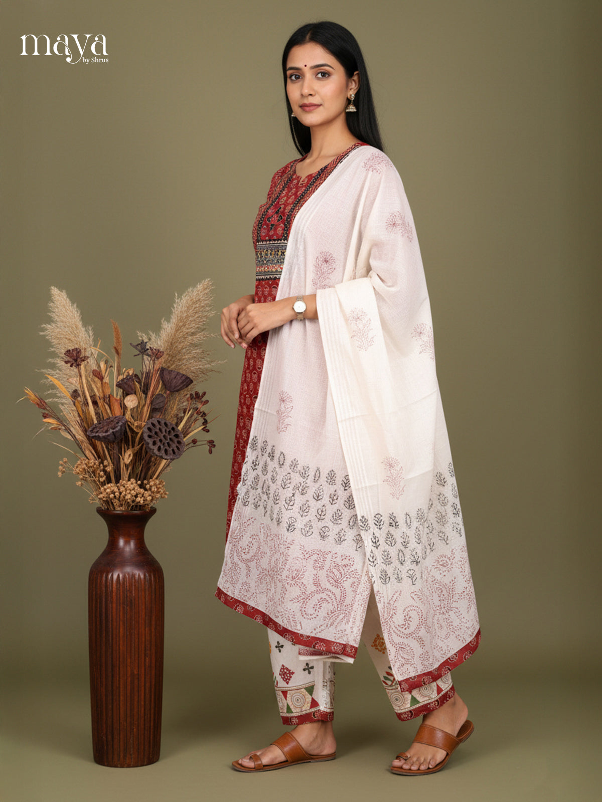 Maroon & White-FLoral printed Readymade 3 Piece Salwar