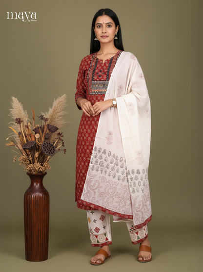 Maroon & White-FLoral printed Readymade 3 Piece Salwar