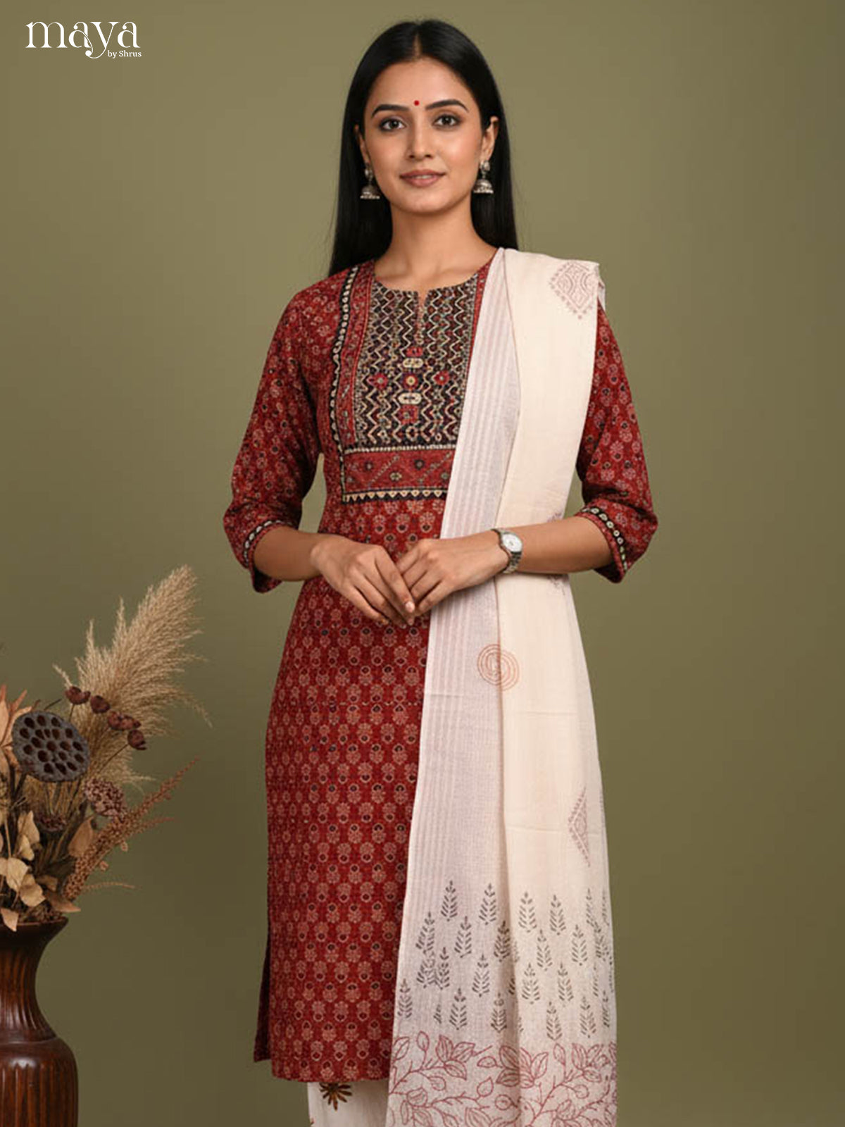 Maroon Readymade Ajrakh Salwar with Printed Design-mdj21026