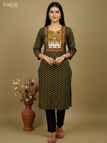 Green & Yellow ajrakh printed Readymade Kurti