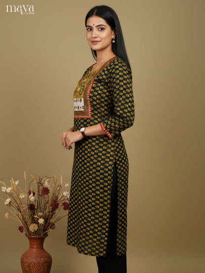 Green & Yellow ajrakh printed Readymade Kurti