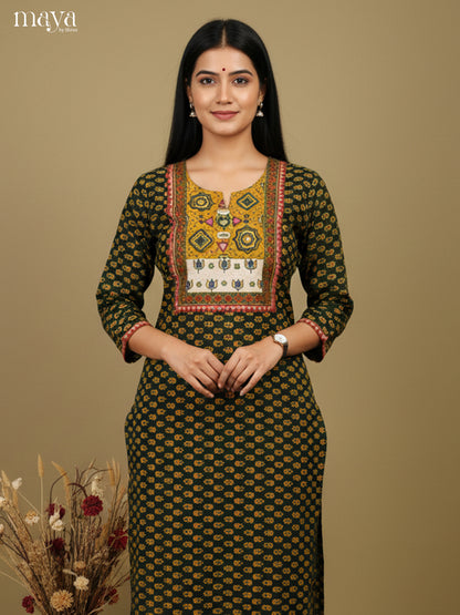 Green & Yellow ajrakh printed Readymade Kurti