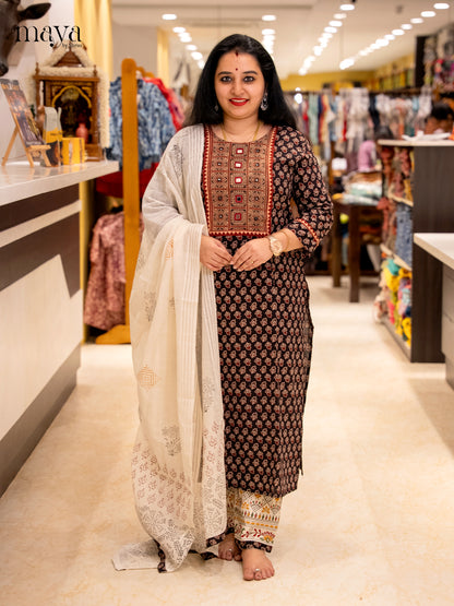 Beautiful Black Ajrakh Salwar Set In Cotton with Yoke Neck