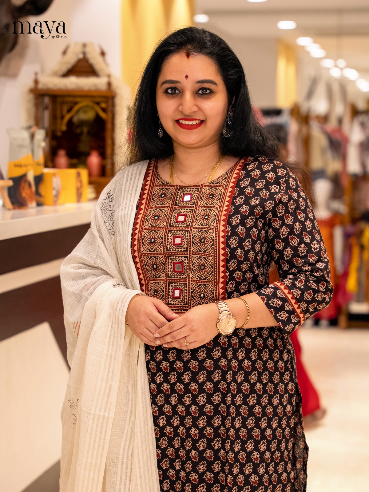 Beautiful Black Ajrakh Salwar Set In Cotton with Yoke Neck