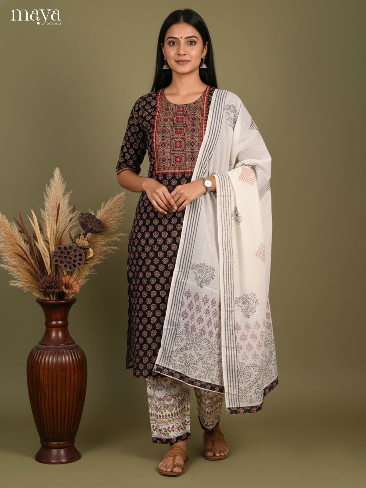 Beautiful Black Ajrakh Salwar Set In Cotton with Yoke Neck