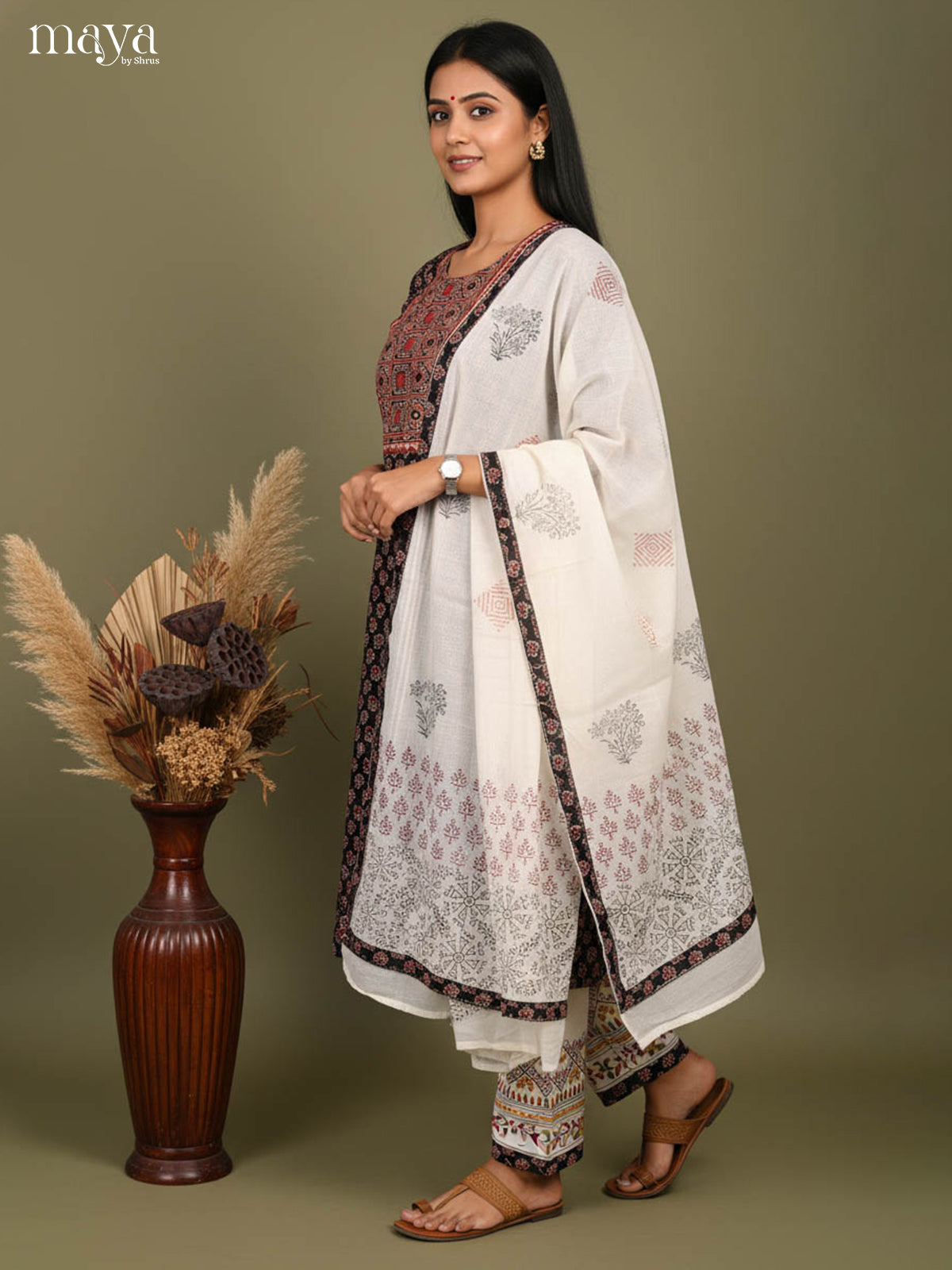 Beautiful Black Ajrakh Salwar Set In Cotton with Yoke Neck