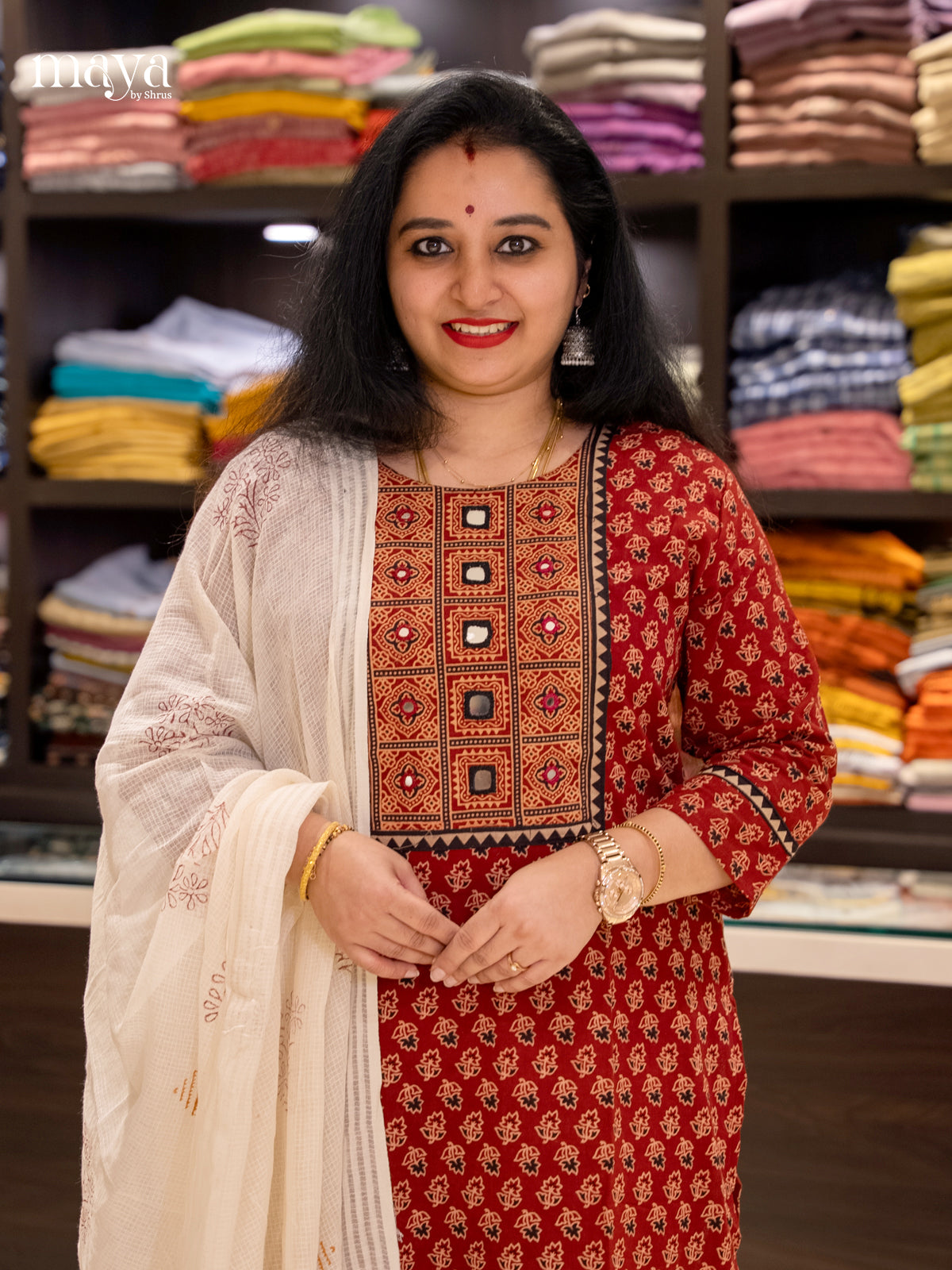 Elegant Red Cotton Salwar with Traditional Print & Yoke Neck