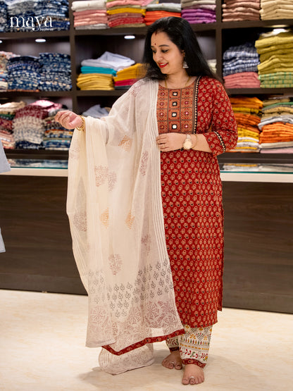 Elegant Red Cotton Salwar with Traditional Print & Yoke Neck