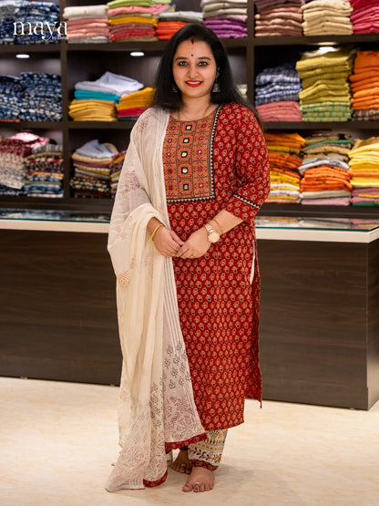 Elegant Red Cotton Salwar with Traditional Print & Yoke Neck