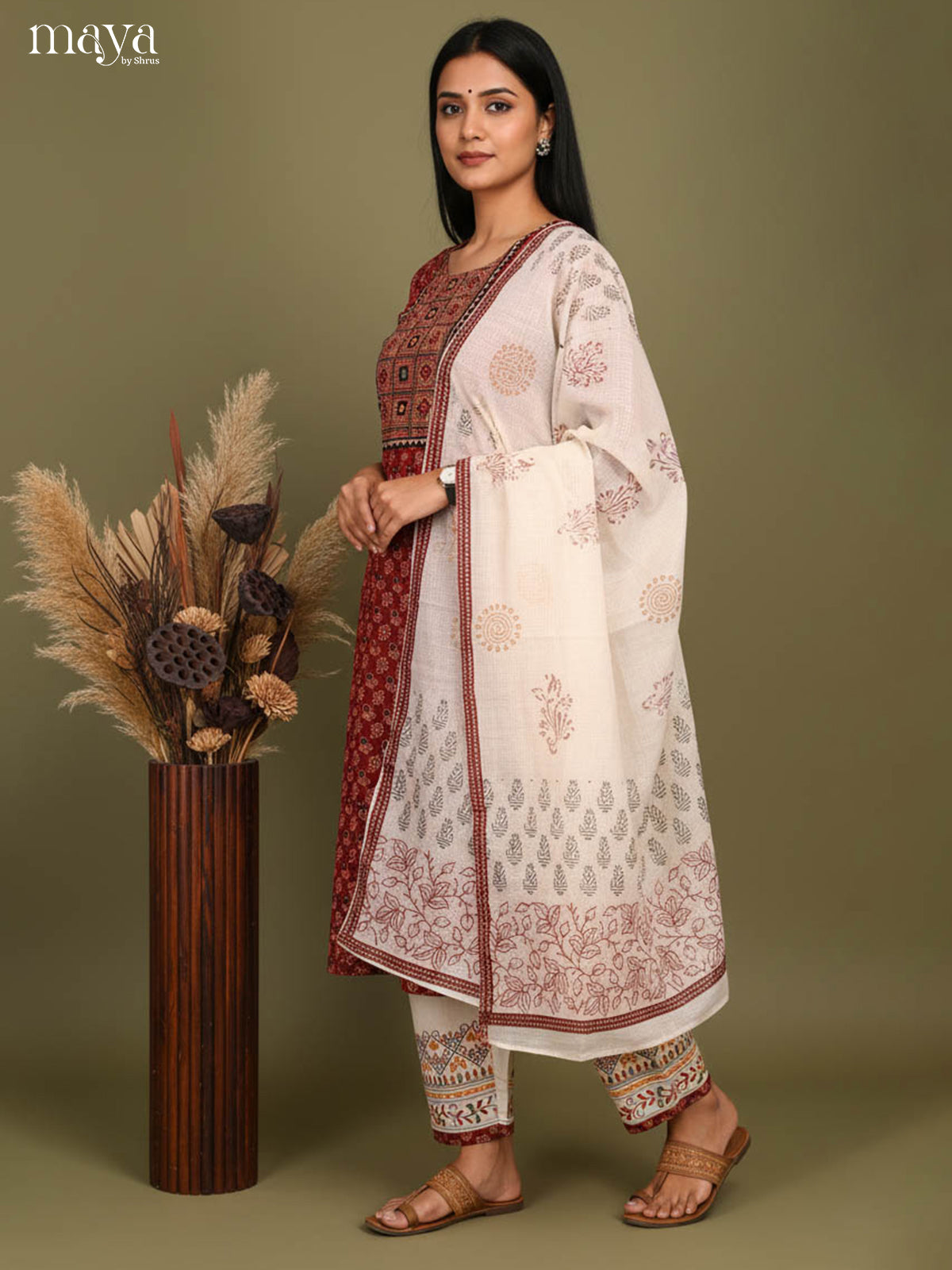 Elegant Red Cotton Salwar with Traditional Print & Yoke Neck