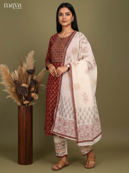 Elegant Red Cotton Salwar with Traditional Print & Yoke Neck