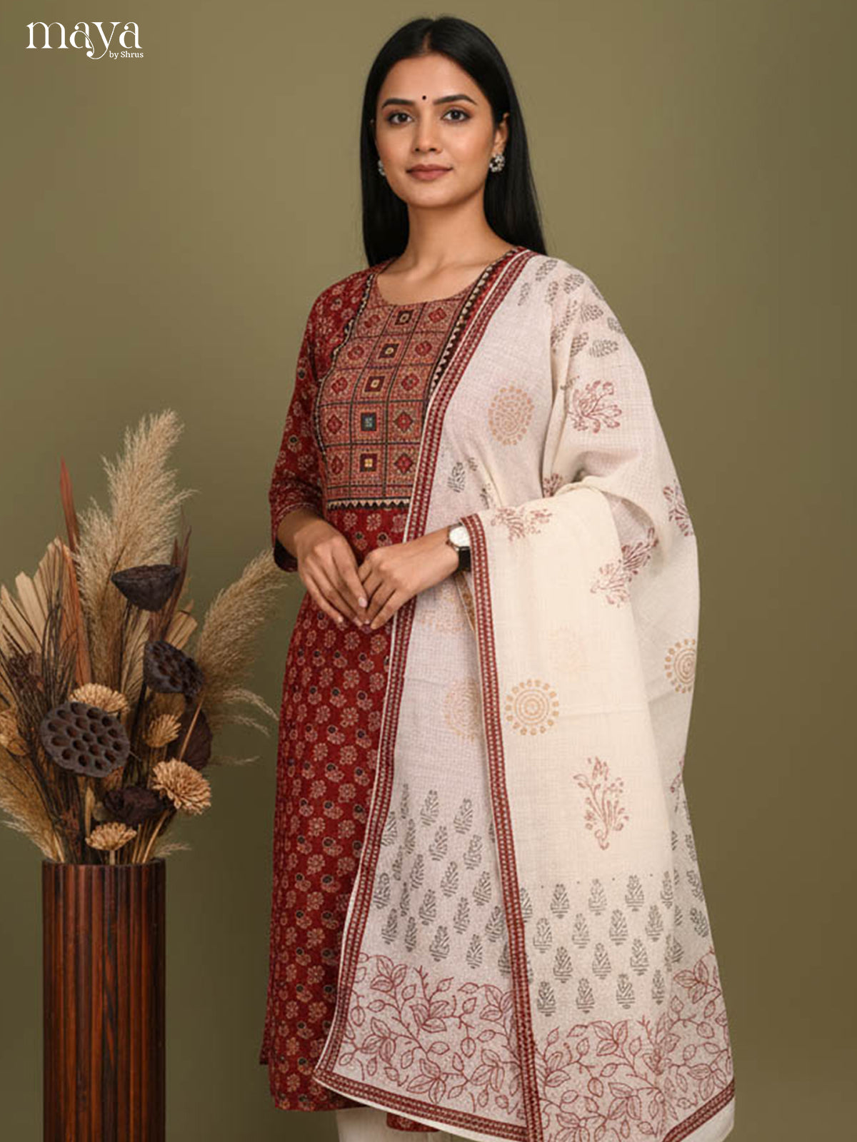 Elegant Red Cotton Salwar with Traditional Print & Yoke Neck