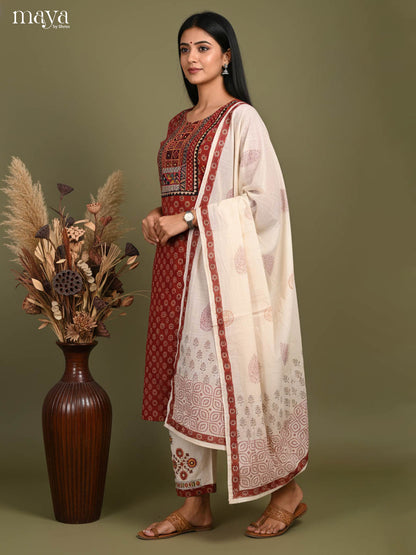 Maroon Readymade Ajrakh Salwar with Printed & Embroidered Design-mdj21036